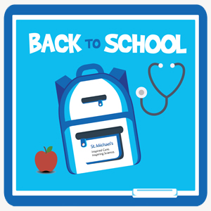 Icon with a backpack, apple, stethoscope and the St. Michael's Hospital logo Icon with a backpack, stethoscope and the St. Michael's Hospital logo