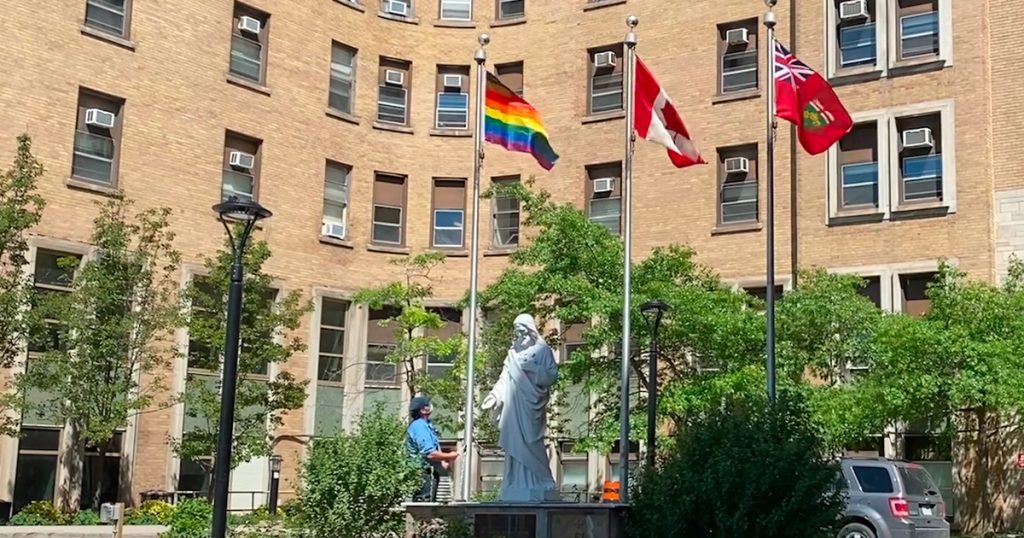 The pride flag flies outside St. Joseph's Health Centre.