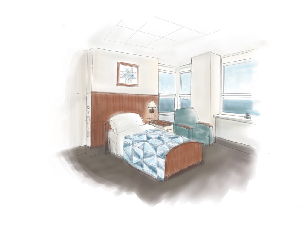 Rendering of patient care room with bed and side chair and windows overlooking Lake Ontario.