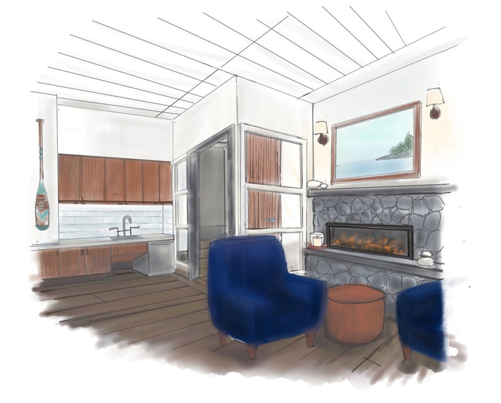Rendering of a patient care room including a blue chair, gas fireplace and in-room kitchen.