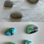 Top image shows unpainted rocks; bottom photo shows painted rocks with messages, "growth", "you are ok", "spread kindness not COVID'" and "calm."