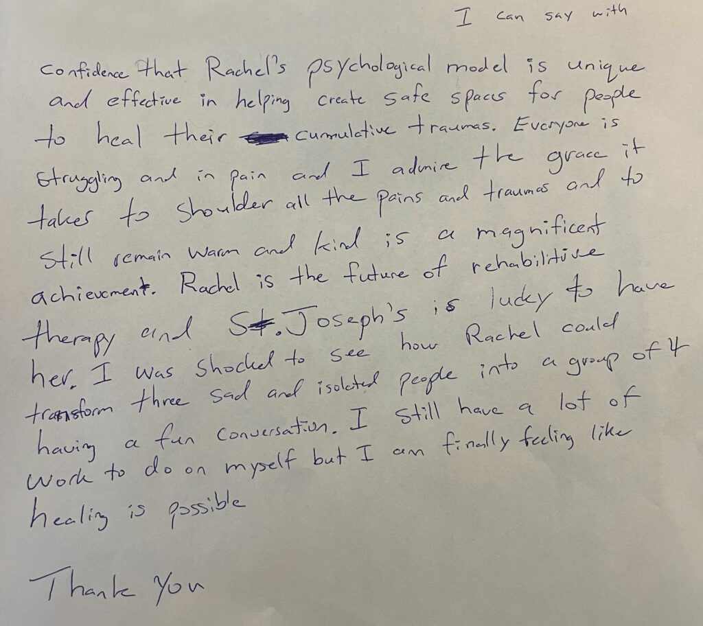 A hand-written thank you letter from one of Rachel Blair's patients.