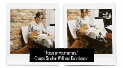 Two images in a slide photo template; Chantal Sinclair writes in a journal while her dog rests on her arm for attention. In the second photo, she pauses to talk to the dog.