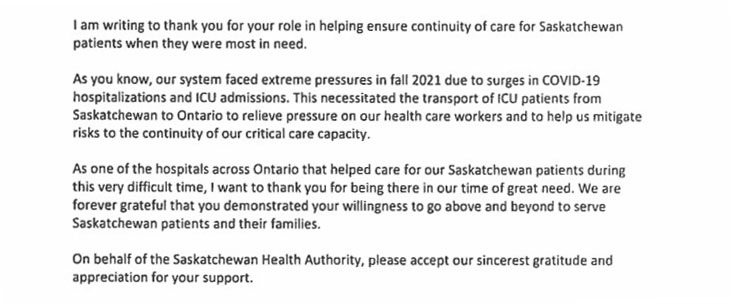 Letter from Saskatchewan Health Authority (text in article below)