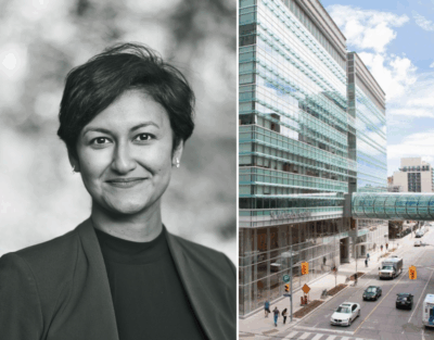 A photo of Dr. Gowri Gopalakrishna alongside a stock photo of the Li Ka Shing Knowledge Institute building.